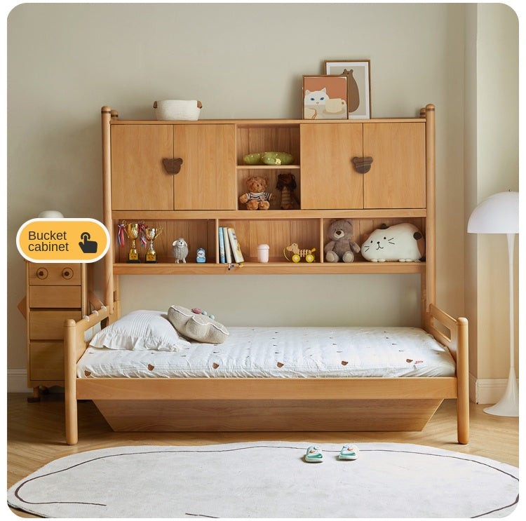 Oak Solid Wood Kids Storage Bed with Built-In Bookcase Headboard and Lift Storage
