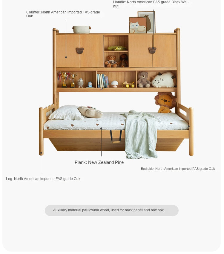 Oak Solid Wood Kids Storage Bed with Built-In Bookcase Headboard and Lift Storage
