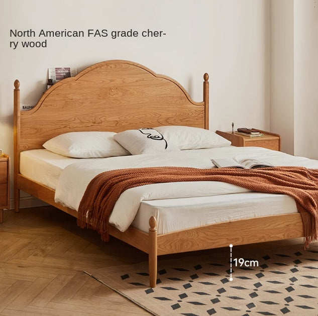 Cherry Solid Wood Bed with Arched Headboard and Turned Posts
