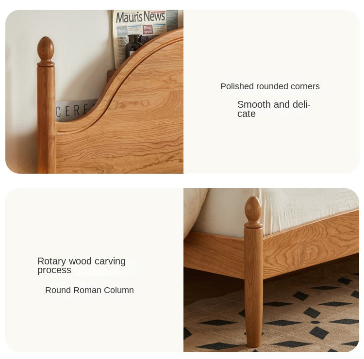 Cherry Solid Wood Bed with Arched Headboard and Turned Posts