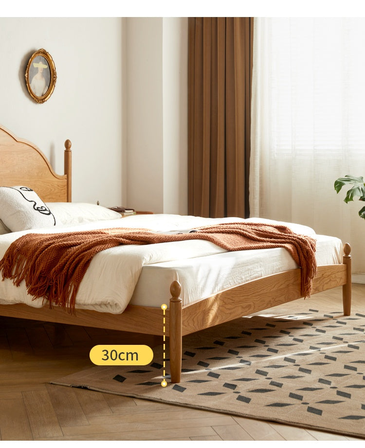 Cherry Solid Wood Bed with Arched Headboard and Turned Posts