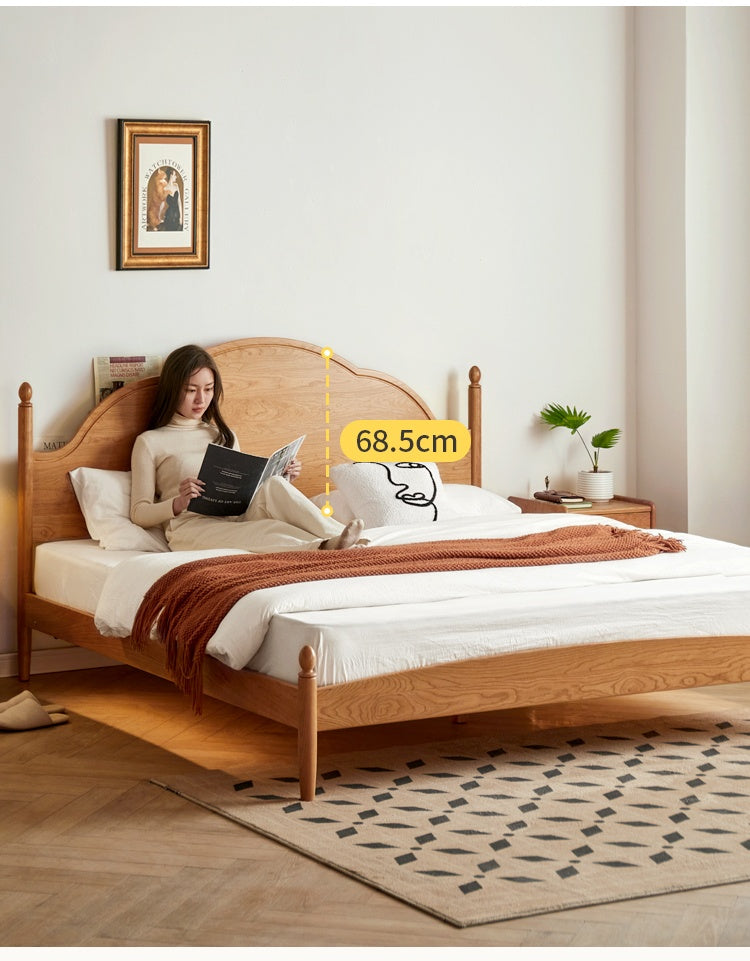Cherry Solid Wood Bed with Arched Headboard and Turned Posts