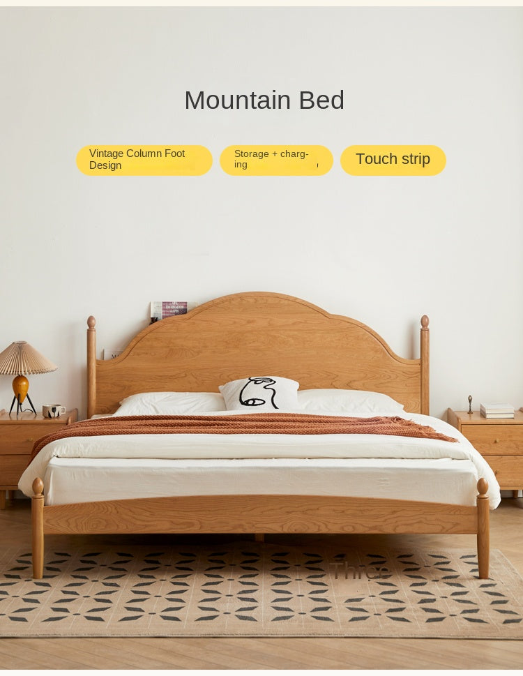 Cherry Solid Wood Bed with Arched Headboard and Turned Posts