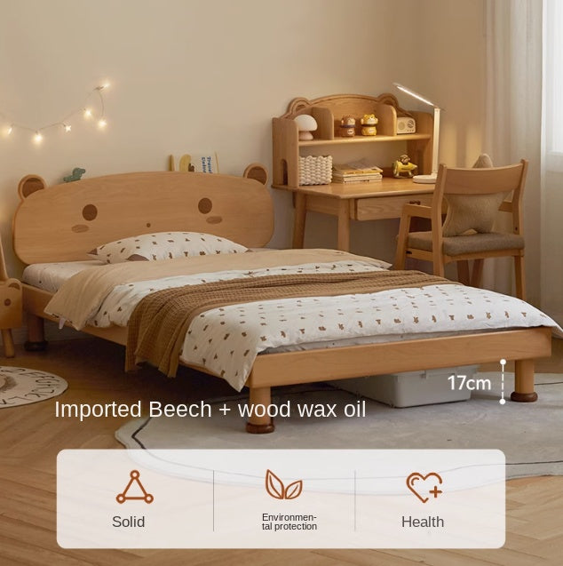 Beech Solid Wood Kids Bed with Bear-Shaped Headboard