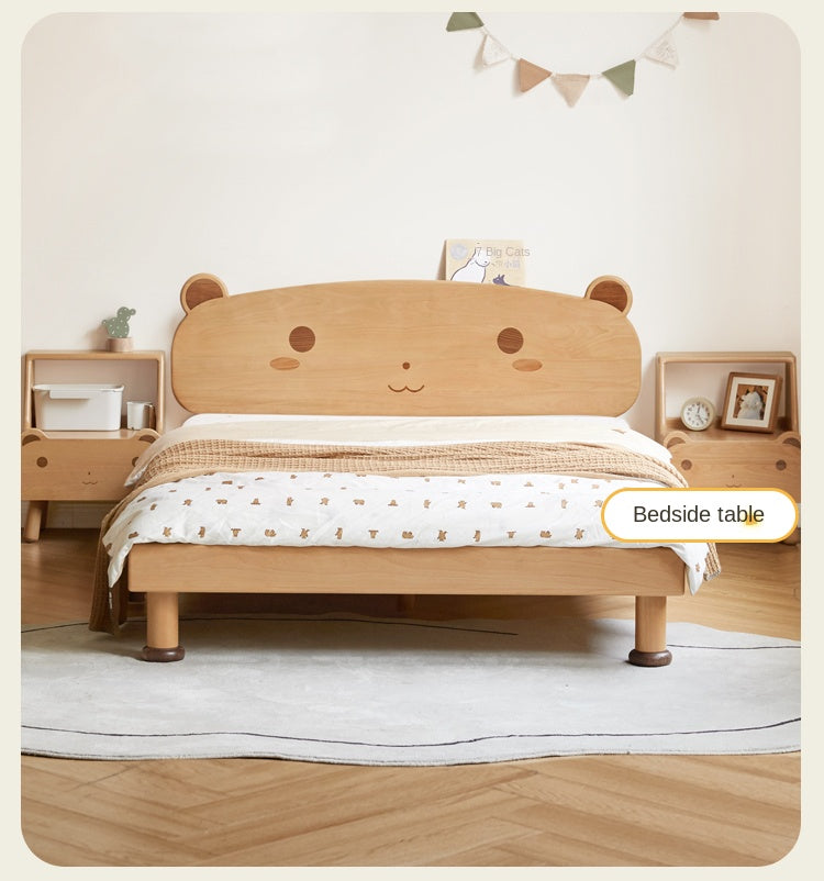 Beech Solid Wood Kids Bed with Bear-Shaped Headboard
