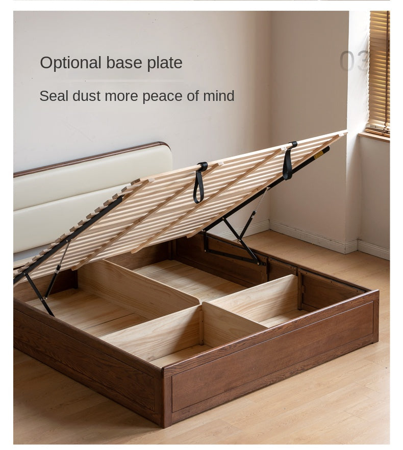 Oak Solid Wood Modern Genuine Leather, Organic Leather Storage Bed