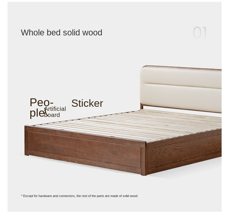 Oak Solid Wood Modern Genuine Leather, Organic Leather Storage Bed