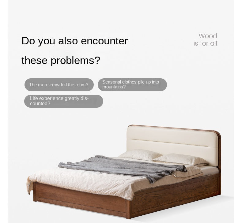 Oak Solid Wood Modern Genuine Leather, Organic Leather Storage Bed