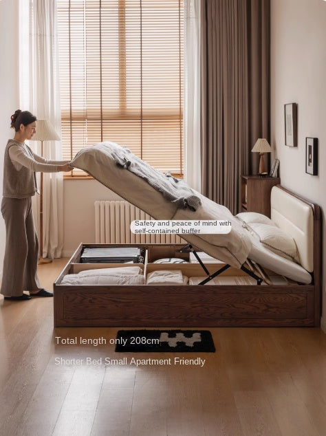 Oak Solid Wood Modern Genuine Leather, Organic Leather Storage Bed