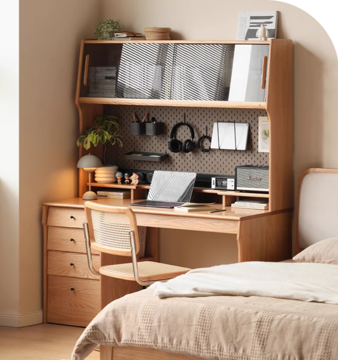 Oak, Cherry Solid Wood Desk Bookshelf Integrated Warm Light