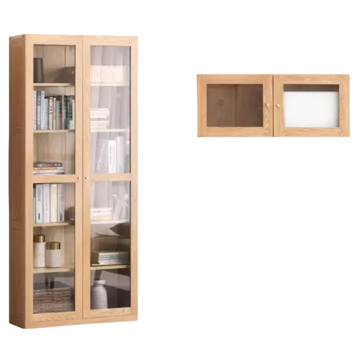Oak, Solid Rubberwood Bookcase With Glass Doors