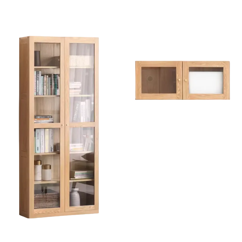 Oak, Solid Rubberwood Bookcase With Glass Doors