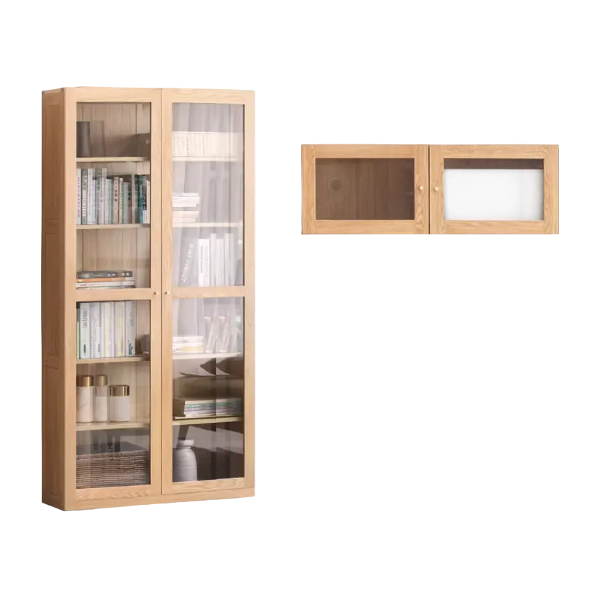 Oak, Solid Rubberwood Bookcase With Glass Doors