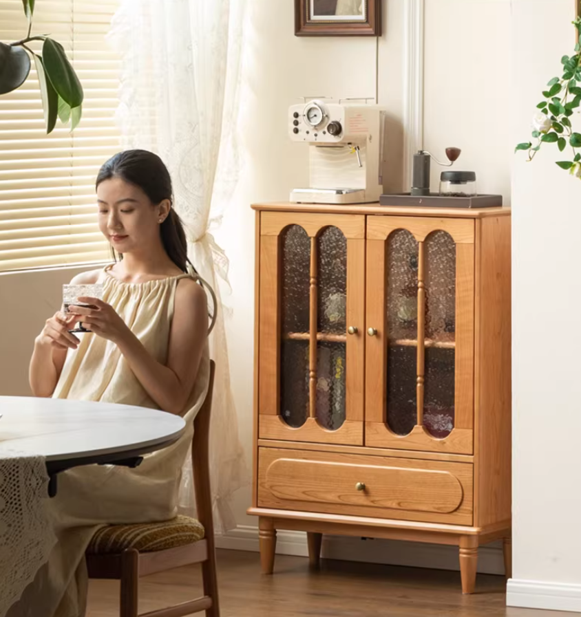 Cherry Solid Wood Side Cabinet with Glass Panels and Storage Shelves