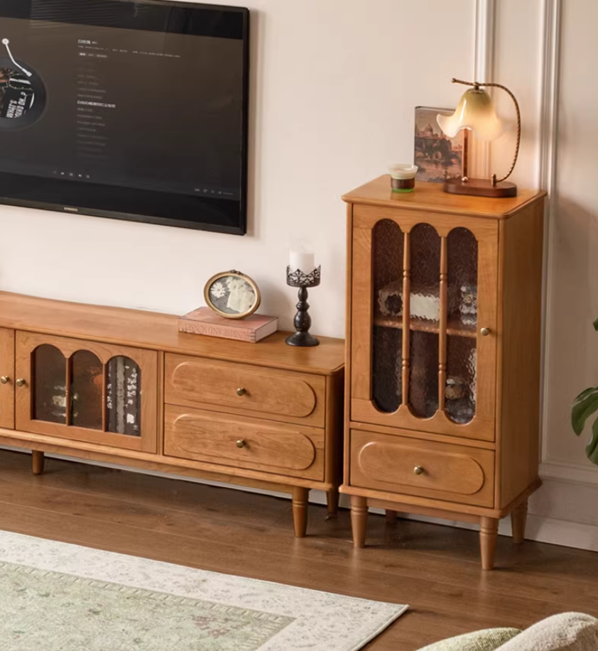Cherry Solid Wood Side Cabinet with Glass Panels and Storage Shelves