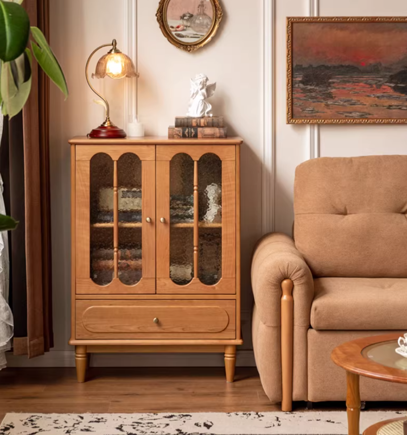 Cherry Solid Wood Side Cabinet with Glass Panels and Storage Shelves