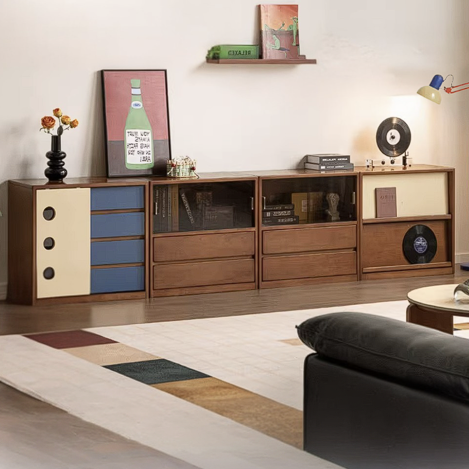Poplar Solid Wood TV Cabinet with Vintage Style Modular Storage Design