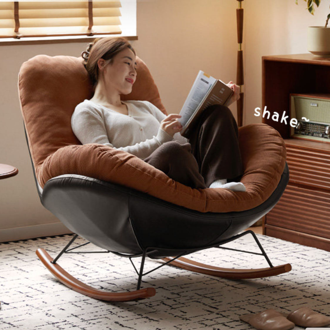 Beech Solid Wood Retro Rocking Fabric Chair