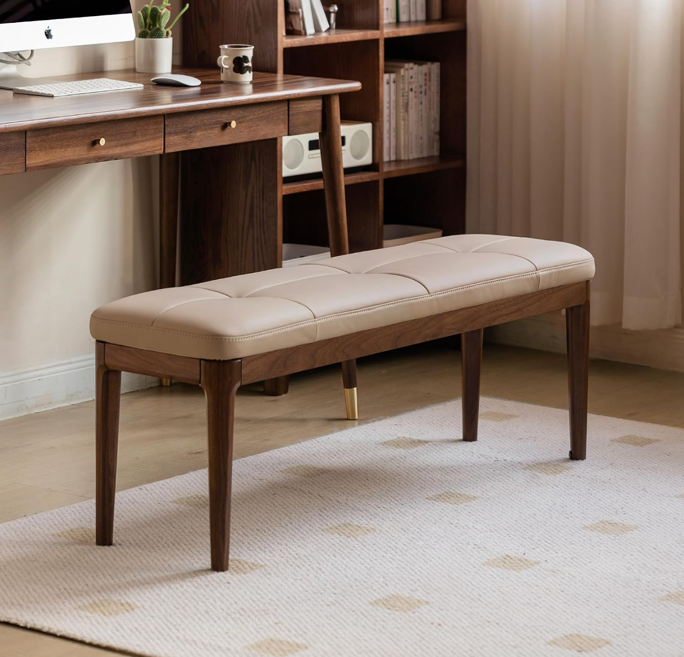 Rubberwood, Oak Solid Wood Leather Channel Tufted Bench