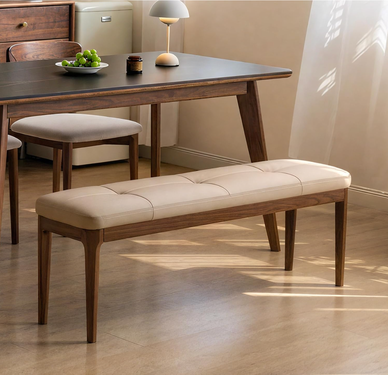 Rubberwood, Oak Solid Wood Leather Channel Tufted Bench