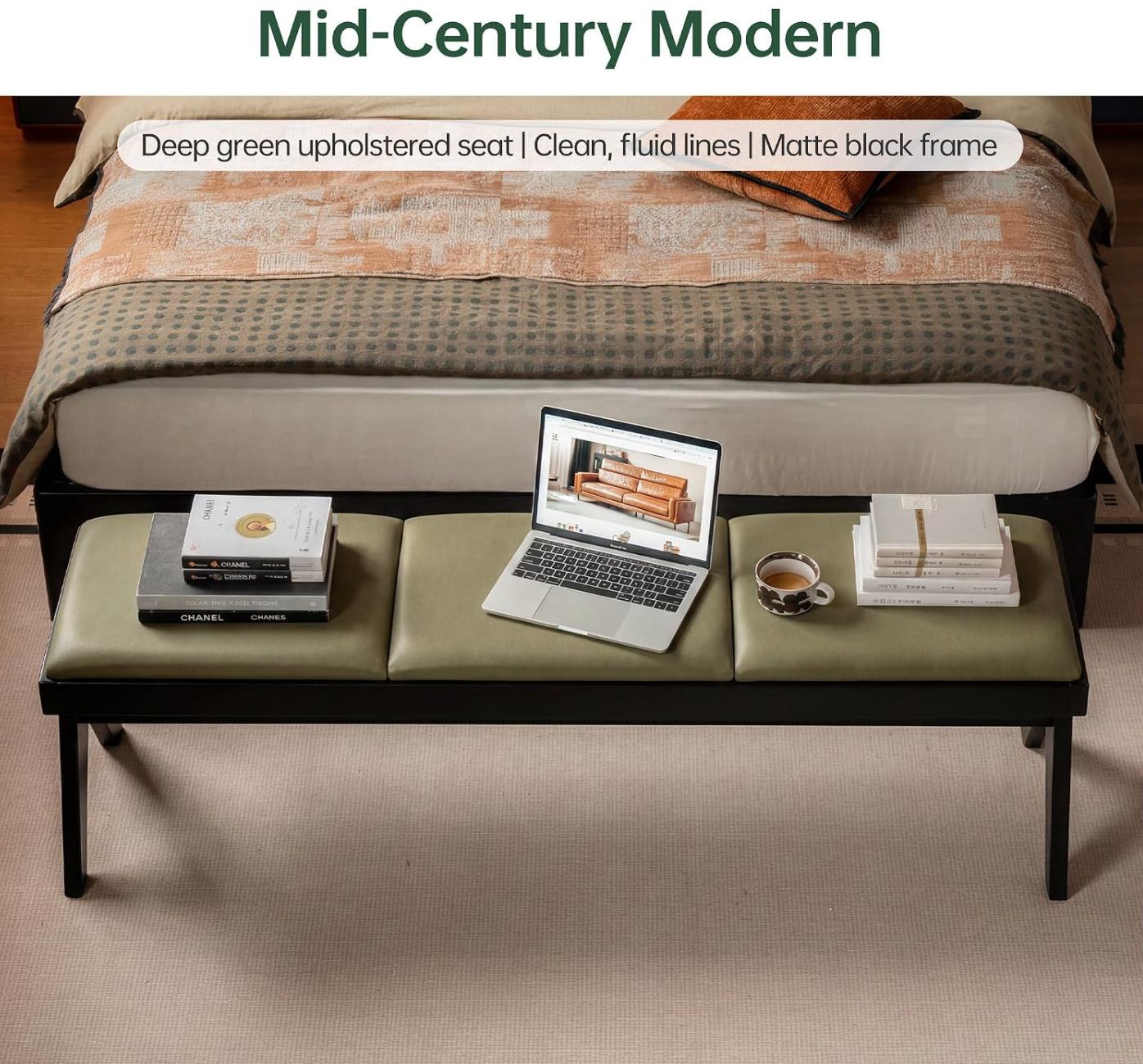 Rubberwood, Oak Solid Wood Leather Channel Tufted Bench