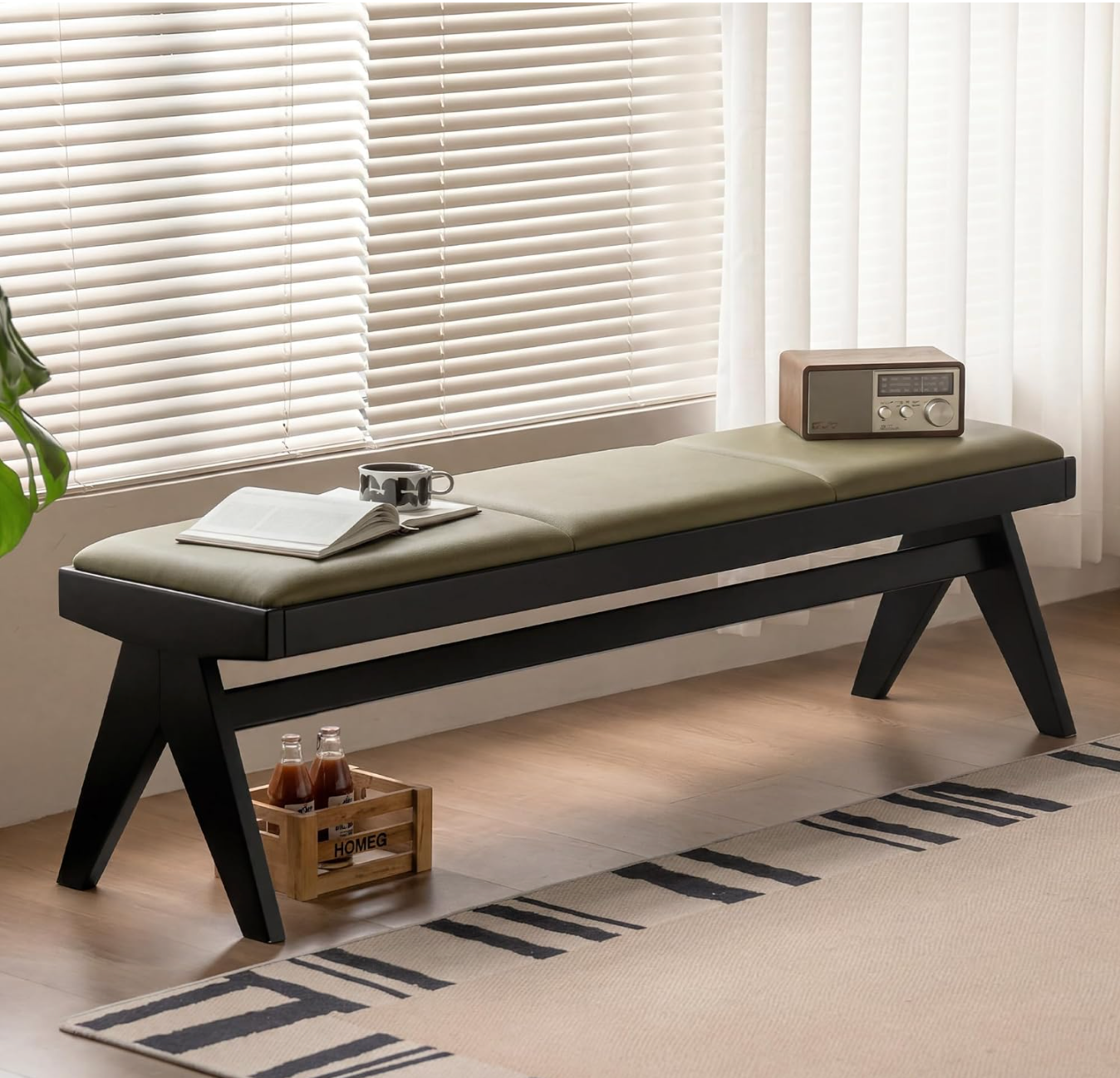 Rubberwood, Oak Solid Wood Leather Channel Tufted Bench