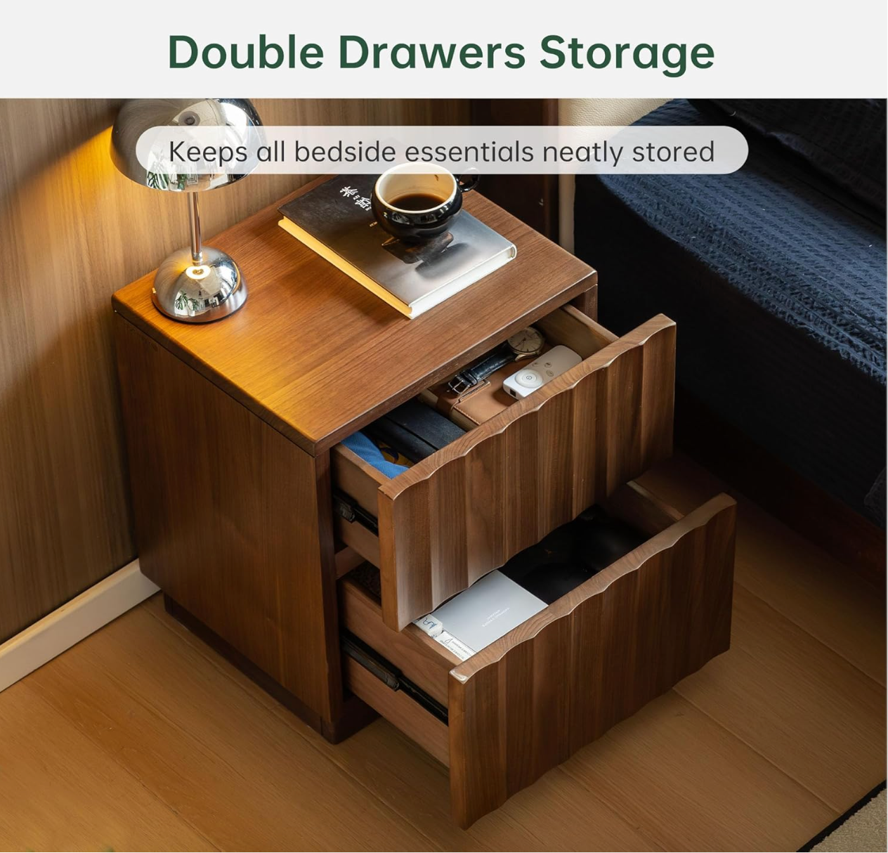 Black Walnut, Poplar Solid Wood wave Style Nightstand