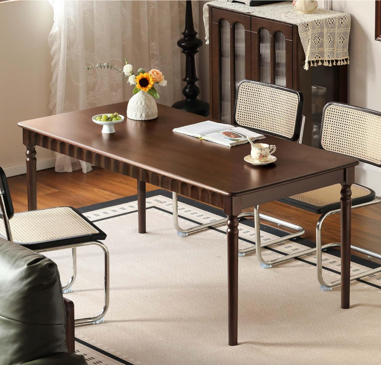 Birch Solid Wood Dining Table with Turned Legs and Arched Apron Carving