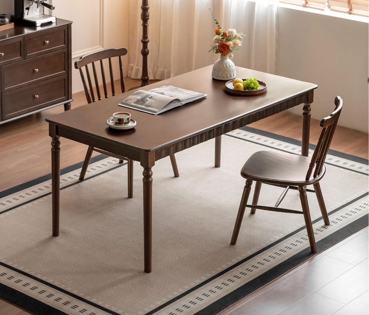 Birch Solid Wood Dining Table with Turned Legs and Arched Apron Carving