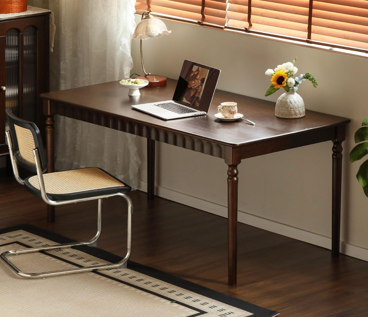Birch Solid Wood Dining Table with Turned Legs and Arched Apron Carving