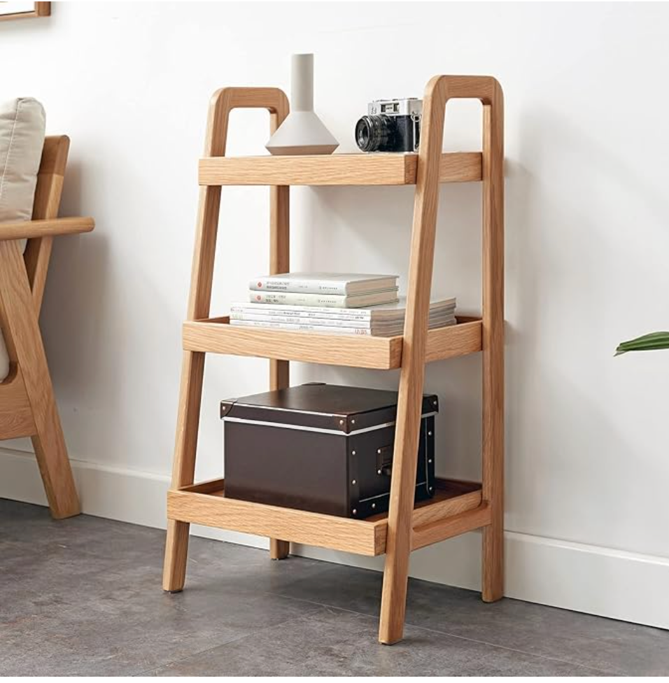 Oak Solid Wood Trapezoidal Three-Tier Bookshelf, Side Table