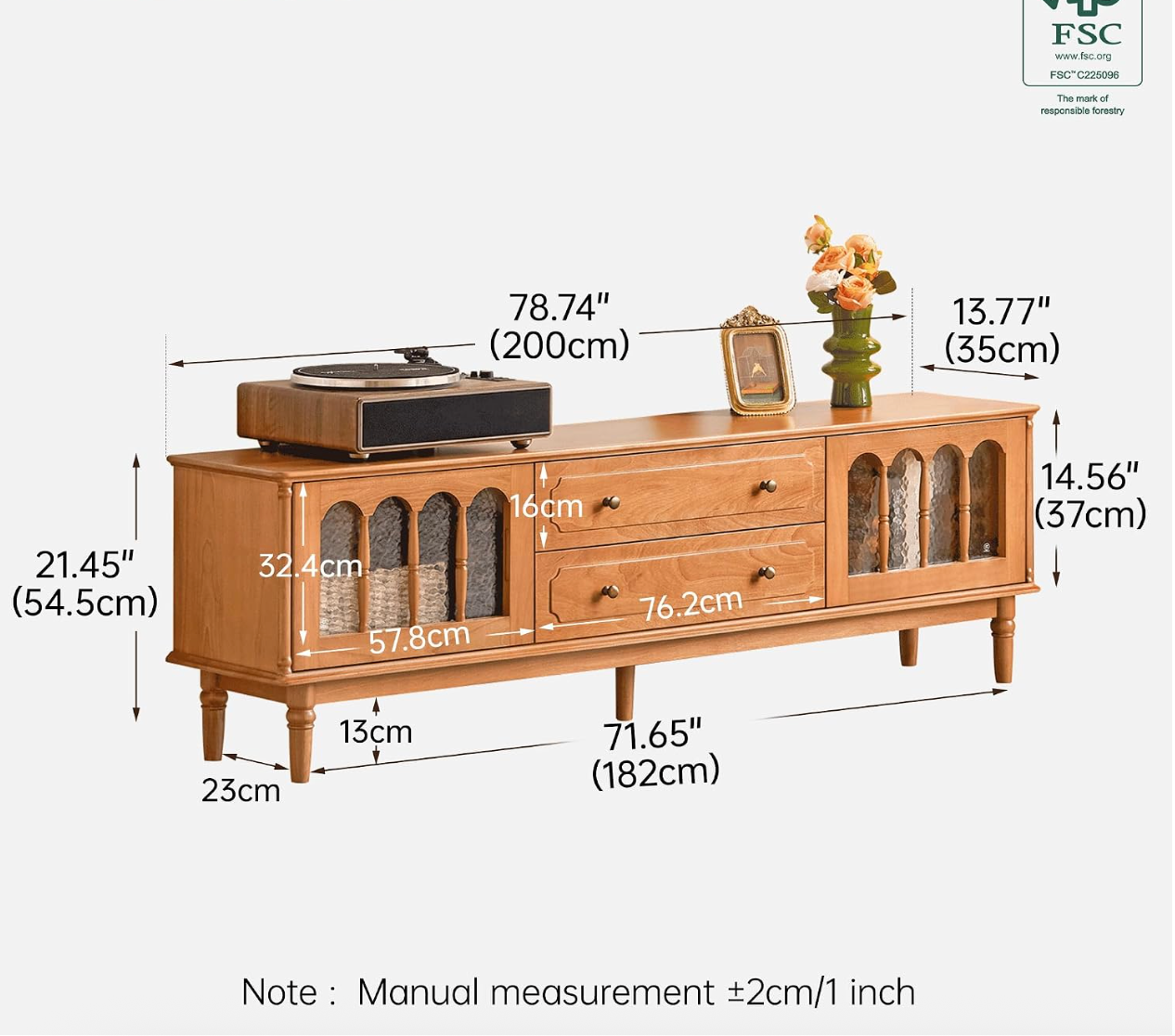Birch Solid Wood TV Console with Arched Glass Cabinet Doors and Turned Legs