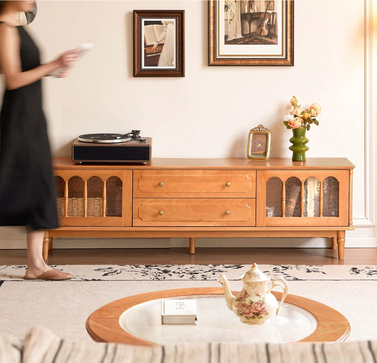 Birch Solid Wood TV Console with Arched Glass Cabinet Doors and Turned Legs
