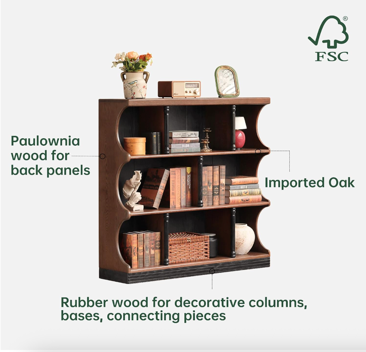 Oak solid wood Open Shelf Bookcase with Curved Scalloped Side Panels
