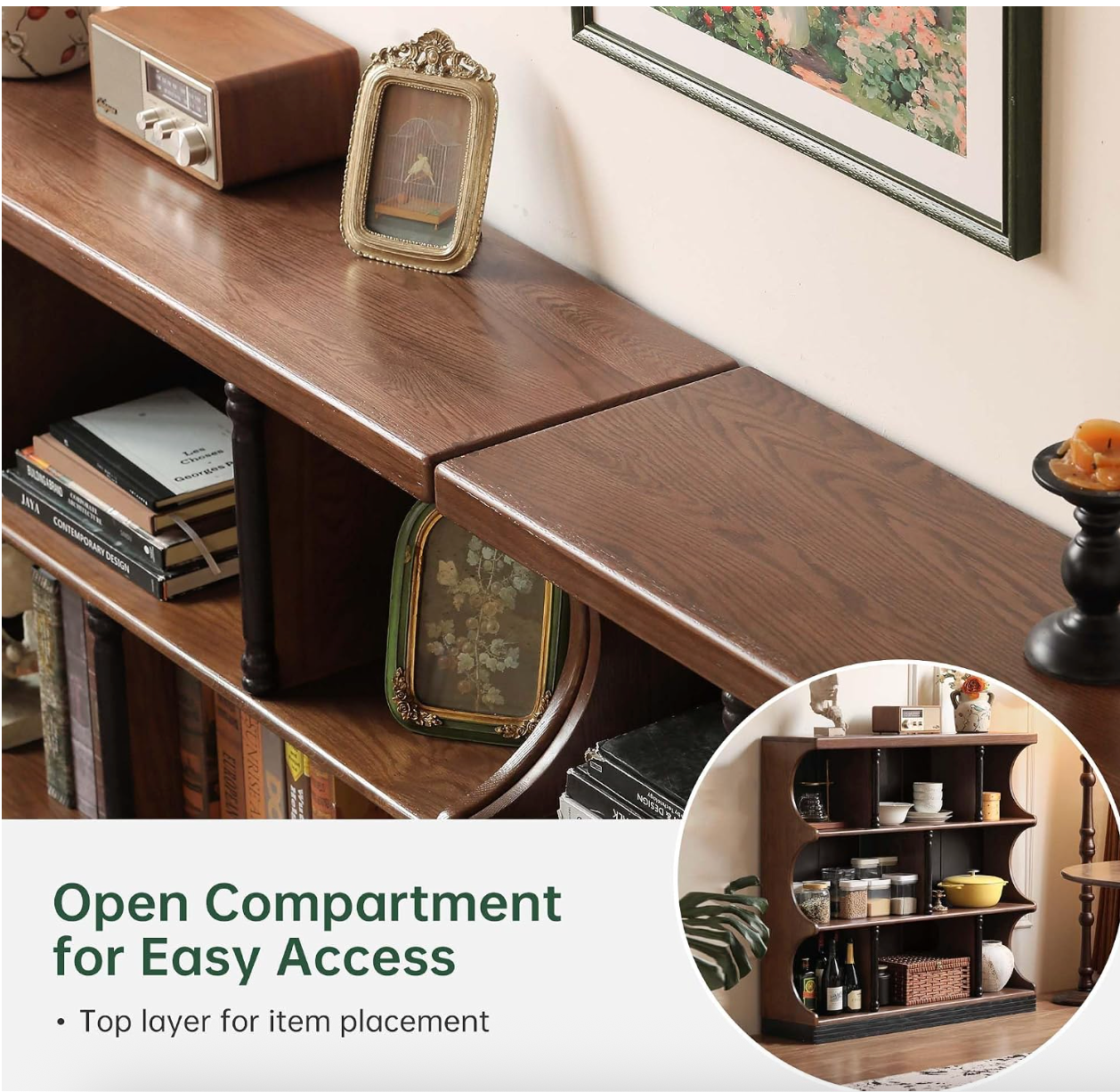 Oak solid wood Open Shelf Bookcase with Curved Scalloped Side Panels