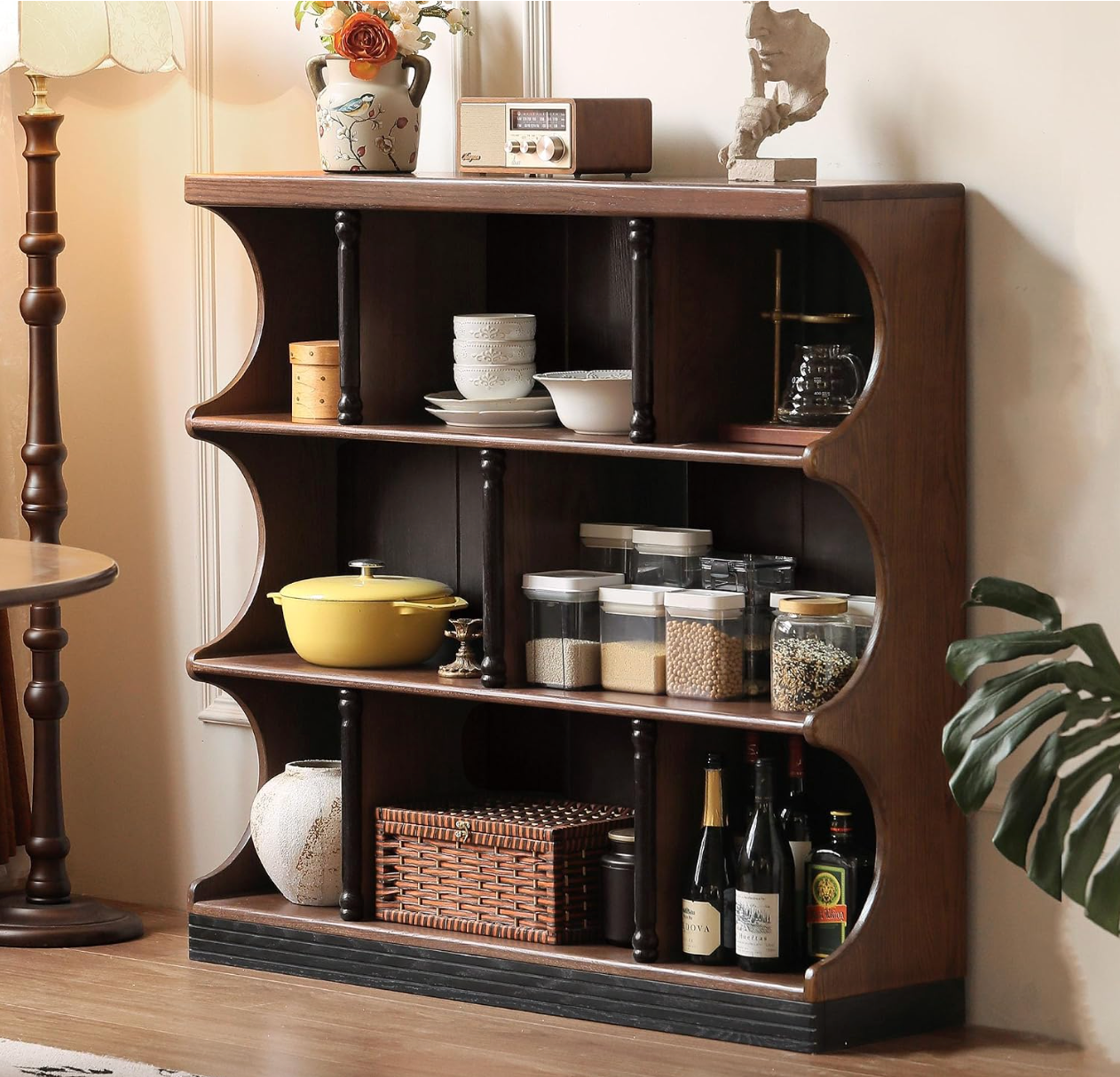 Oak solid wood Open Shelf Bookcase with Curved Scalloped Side Panels