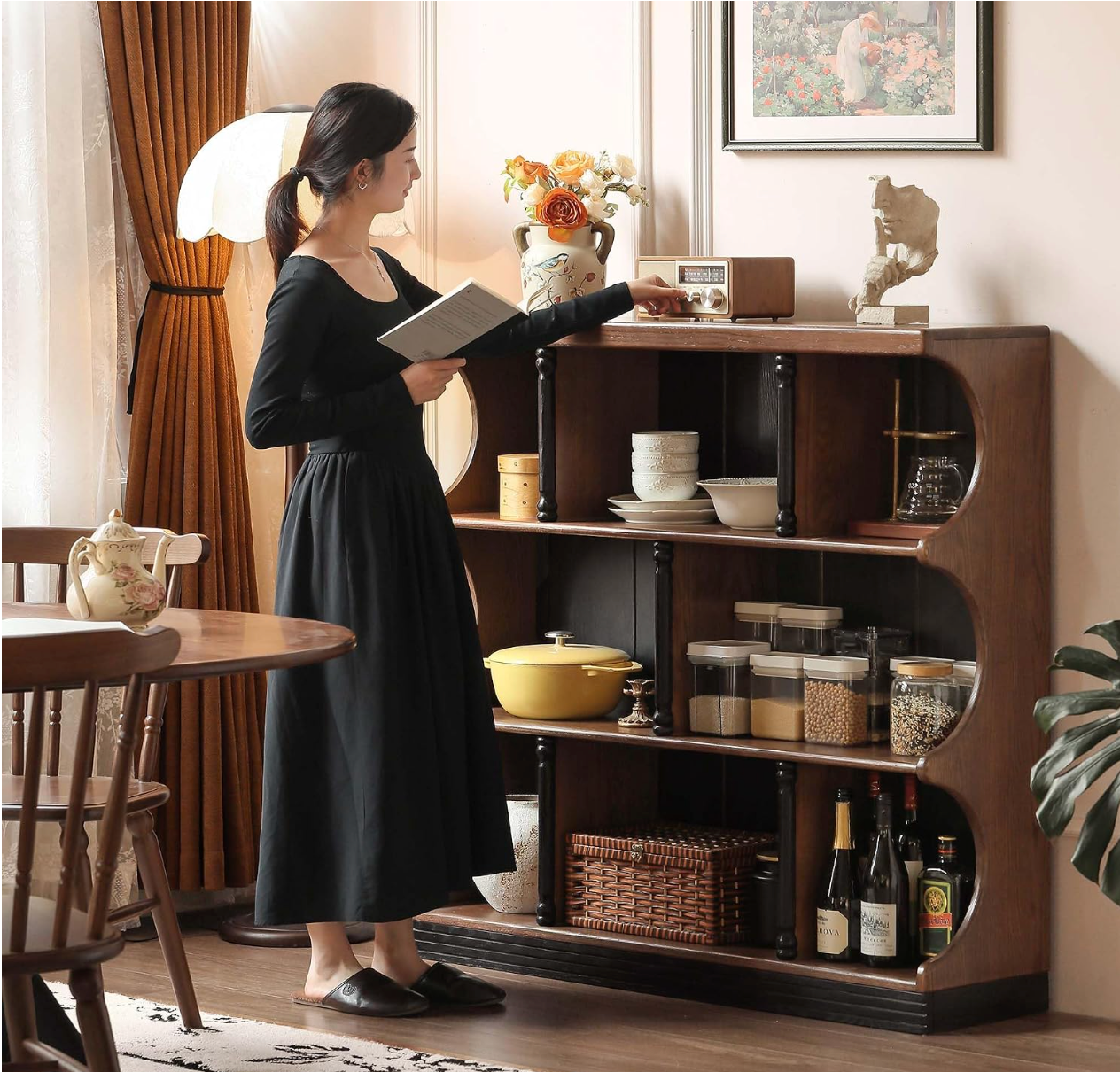 Oak solid wood Open Shelf Bookcase with Curved Scalloped Side Panels