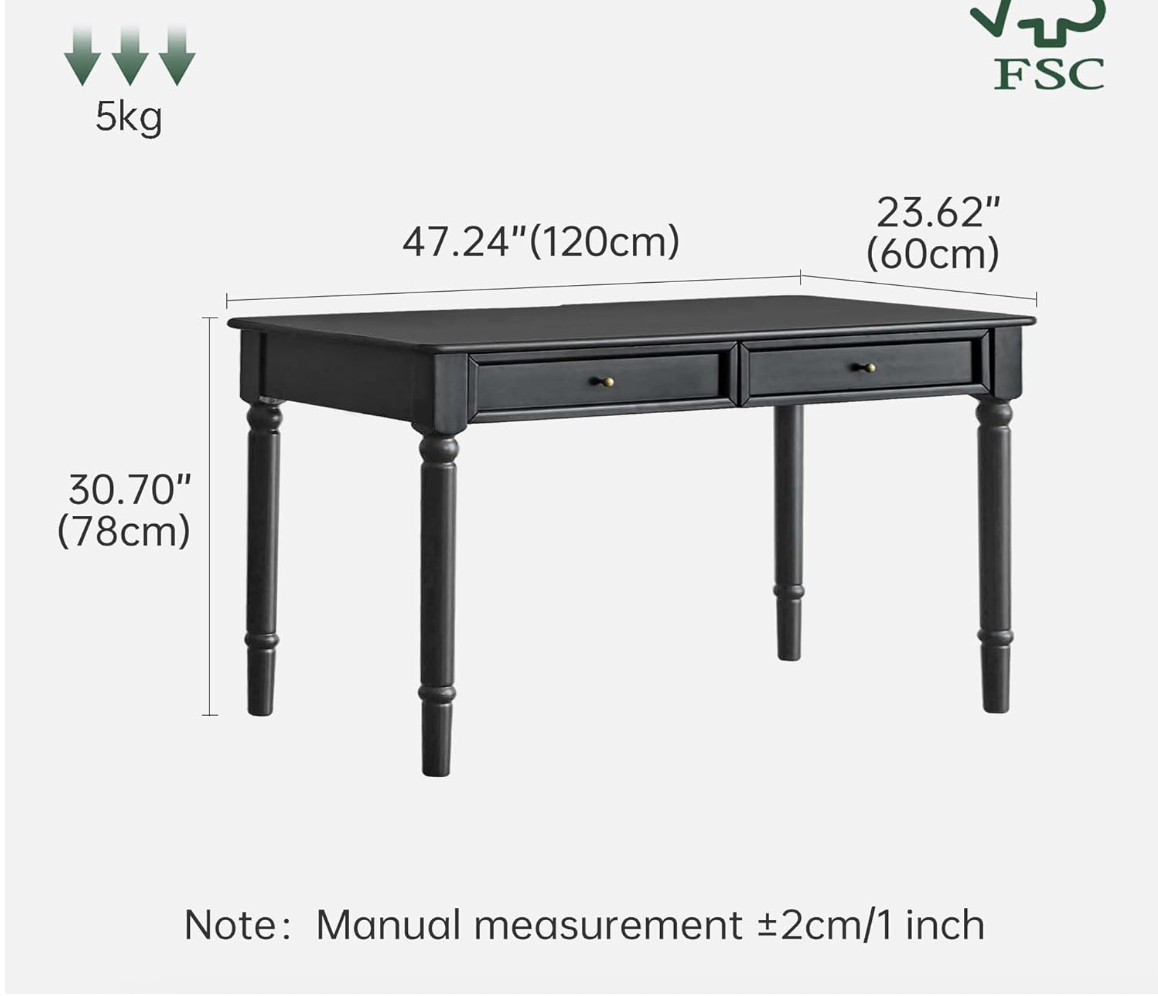 Rubberwood Solid Wood Traditional Black Desk with Tapered Legs and Drawers
