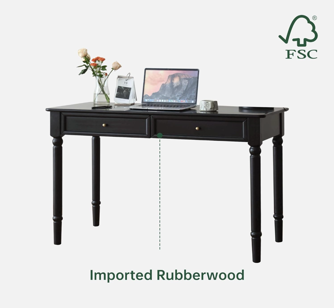 Rubberwood Solid Wood Traditional Black Desk with Tapered Legs and Drawers