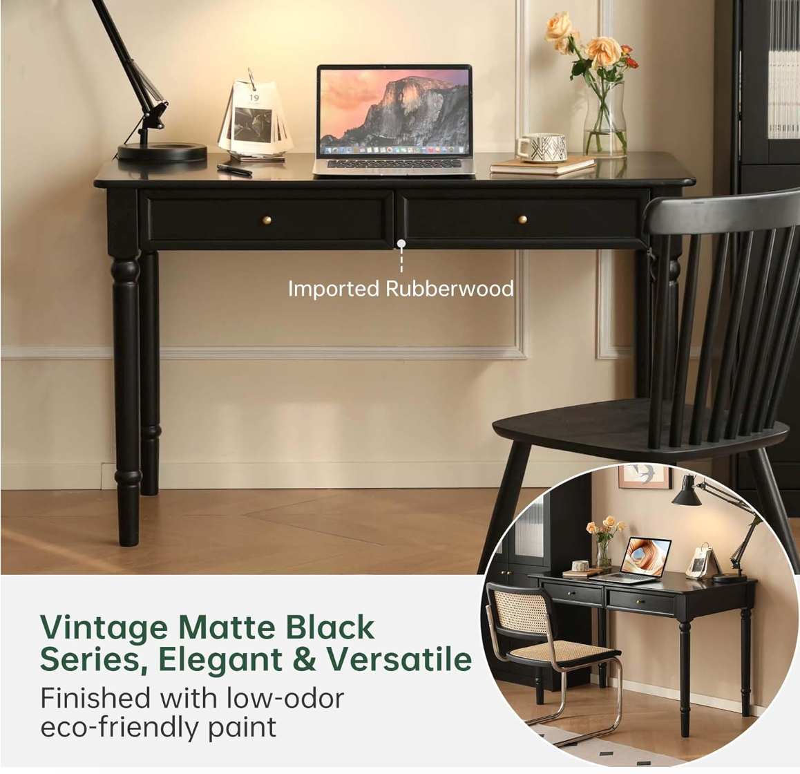 Rubberwood Solid Wood Traditional Black Desk with Tapered Legs and Drawers