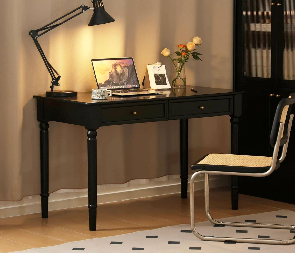 Rubberwood Solid Wood Traditional Black Desk with Tapered Legs and Drawers