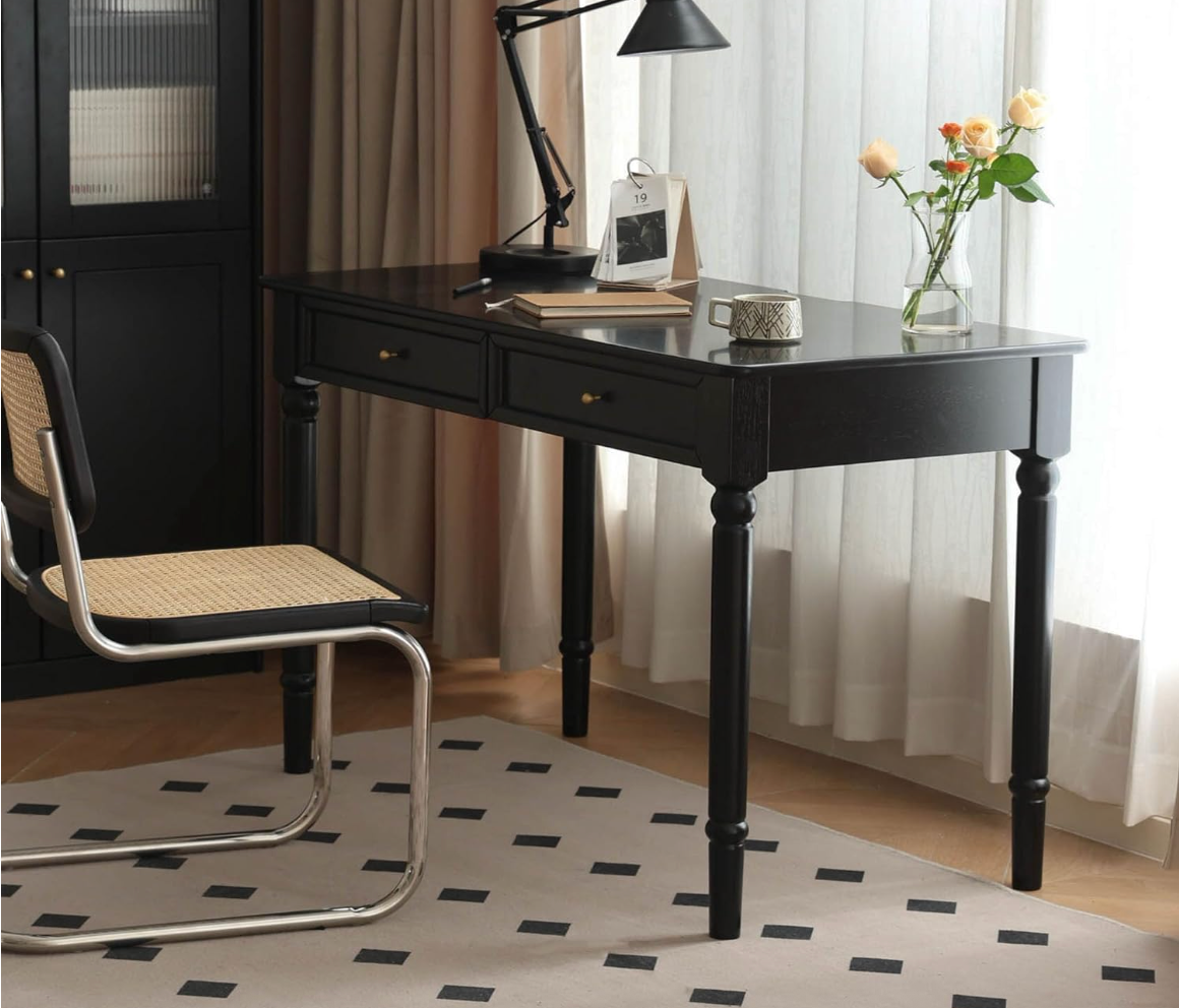 Rubberwood Solid Wood Traditional Black Desk with Tapered Legs and Drawers