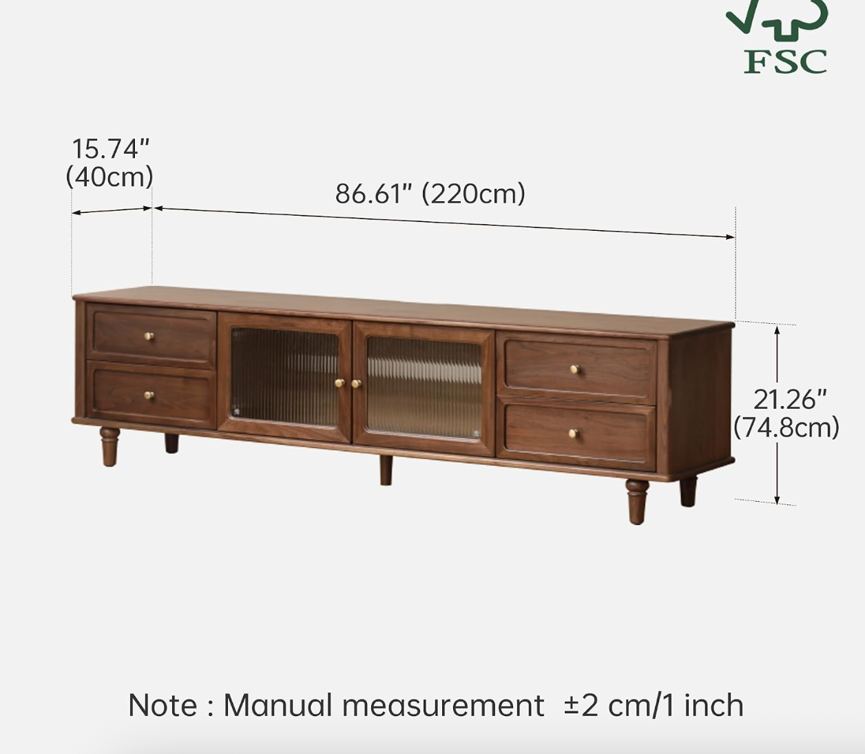 Black Walnut Solid Wood Traditional TV Console with Fluted Glass Doors and Brass Knobs