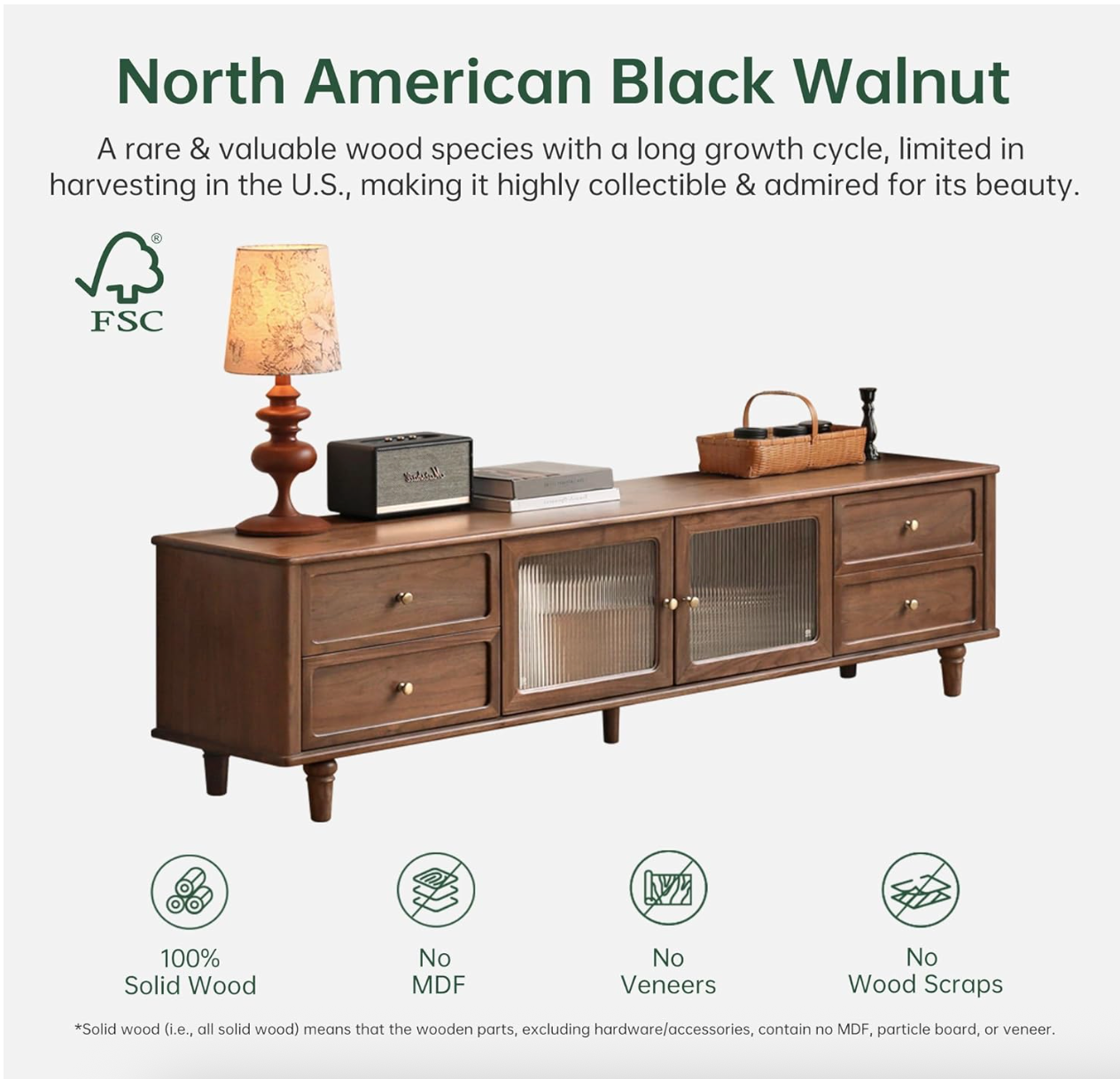 Black Walnut Solid Wood Traditional TV Console with Fluted Glass Doors and Brass Knobs