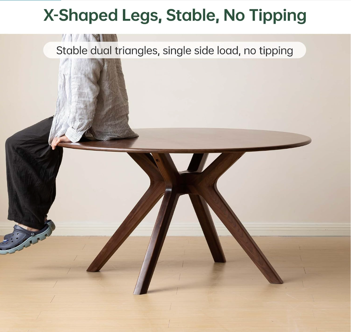 Black Walnut, Oak Solid Wood Round Dining Table with X-Shape Crossed Legs