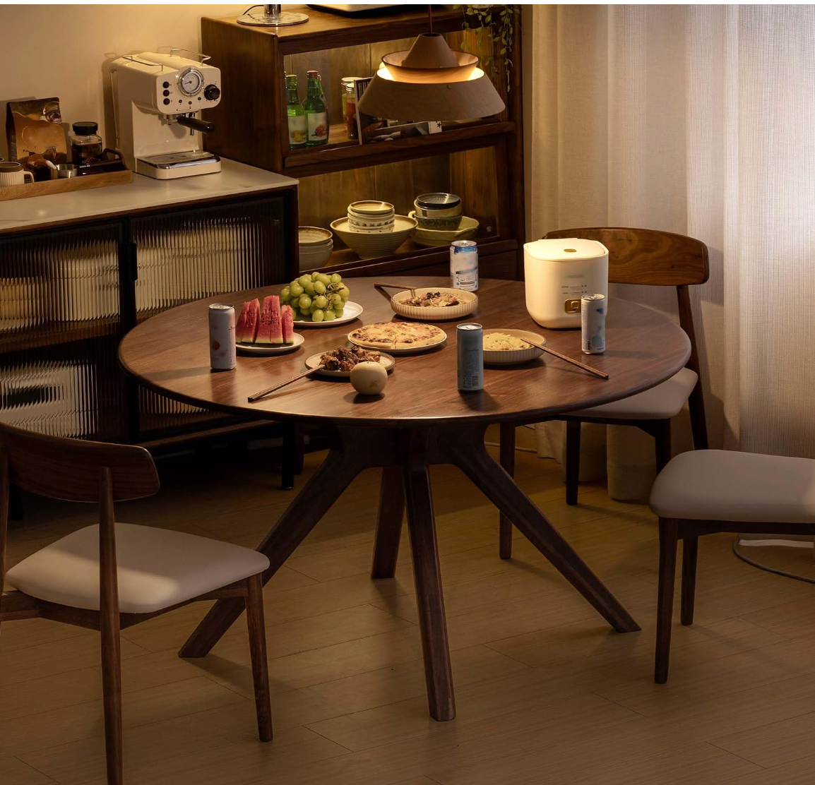 Black Walnut, Oak Solid Wood Round Dining Table with X-Shape Crossed Legs