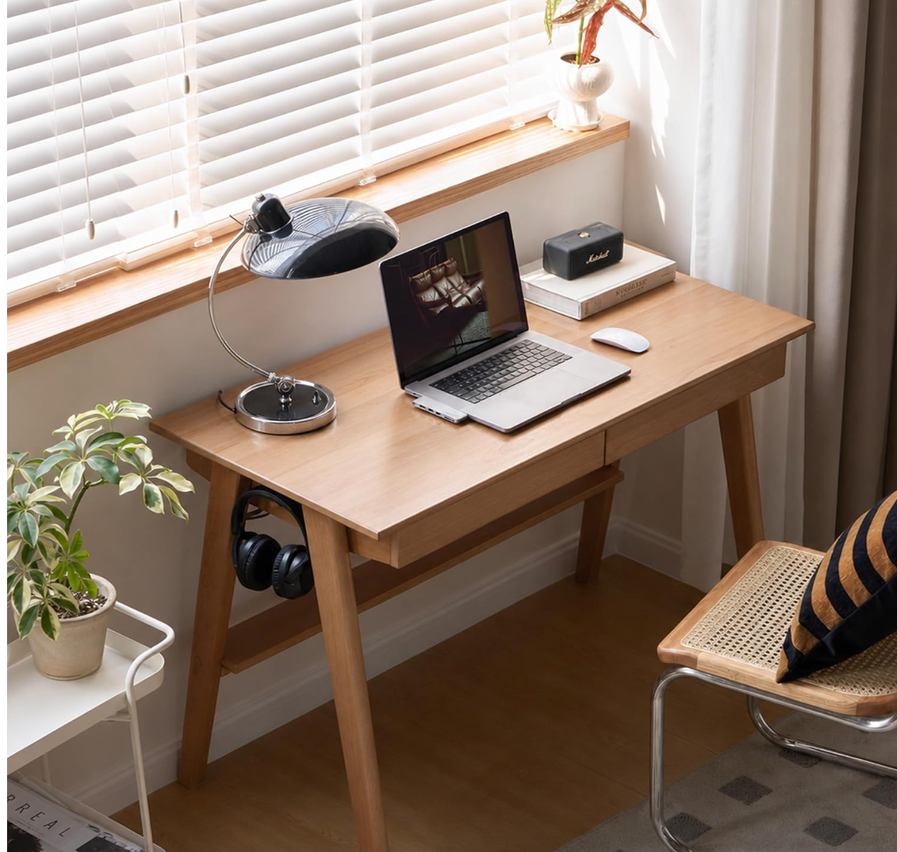 Solid Rubberwood Compact Writing Desk with A-Frame Legs and Shallow Drawer