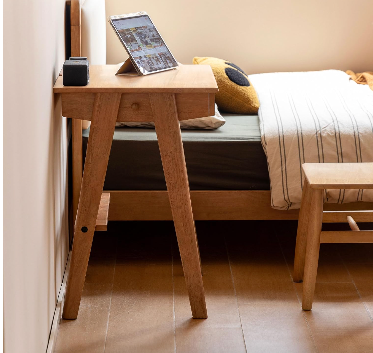 Solid Rubberwood Compact Writing Desk with A-Frame Legs and Shallow Drawer