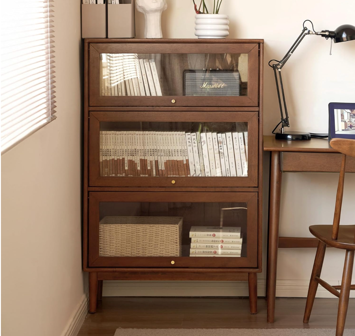 Oak Solid Wood, Rubberwood Glass Flip Door Bookcase