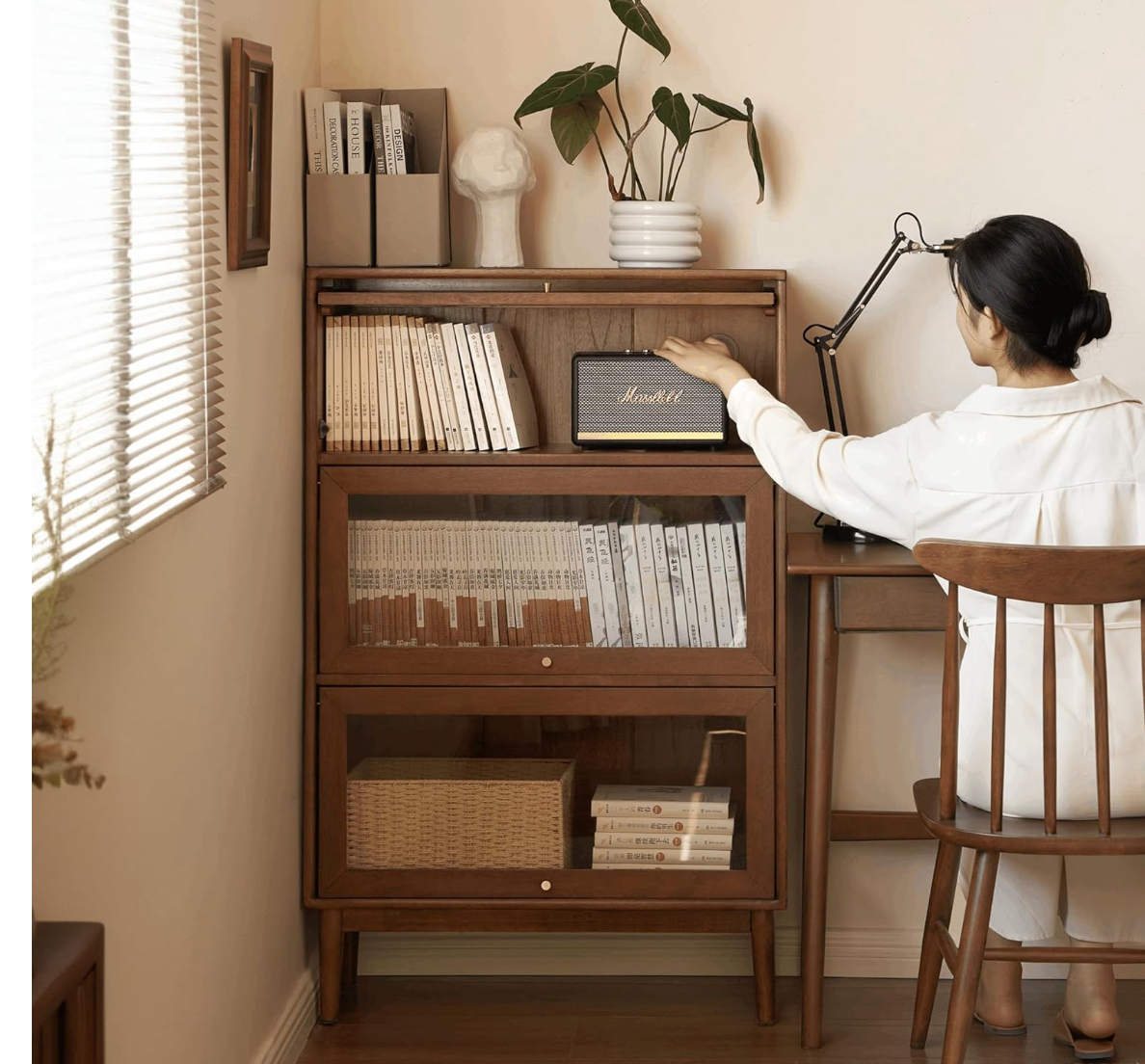 Oak Solid Wood, Rubberwood Glass Flip Door Bookcase